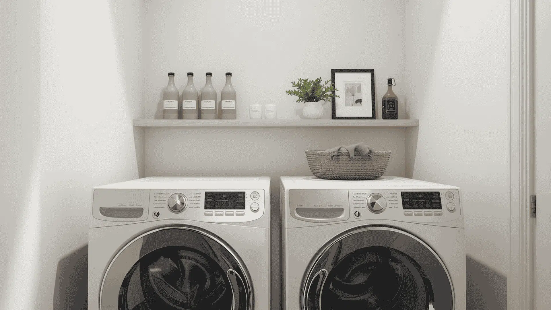 a long slim picture ledge shelf mounted above the machines, styled storage with matching neutral bottles, neatly labeled jars, a small framed print, and one small plant