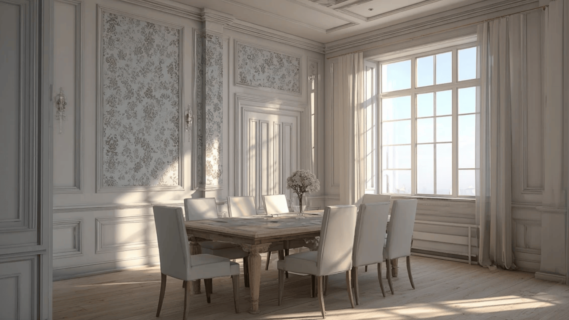 a room with Victorian wallpaper