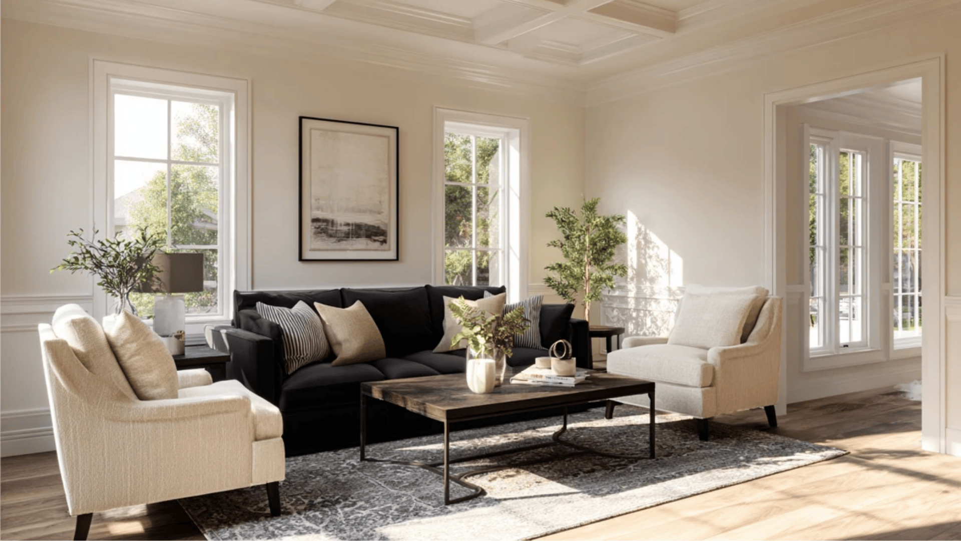 a room with soft charcoal and a warm ivory palette