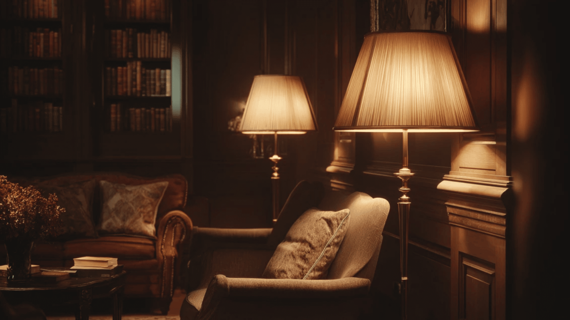 a studyroom with warm lightning