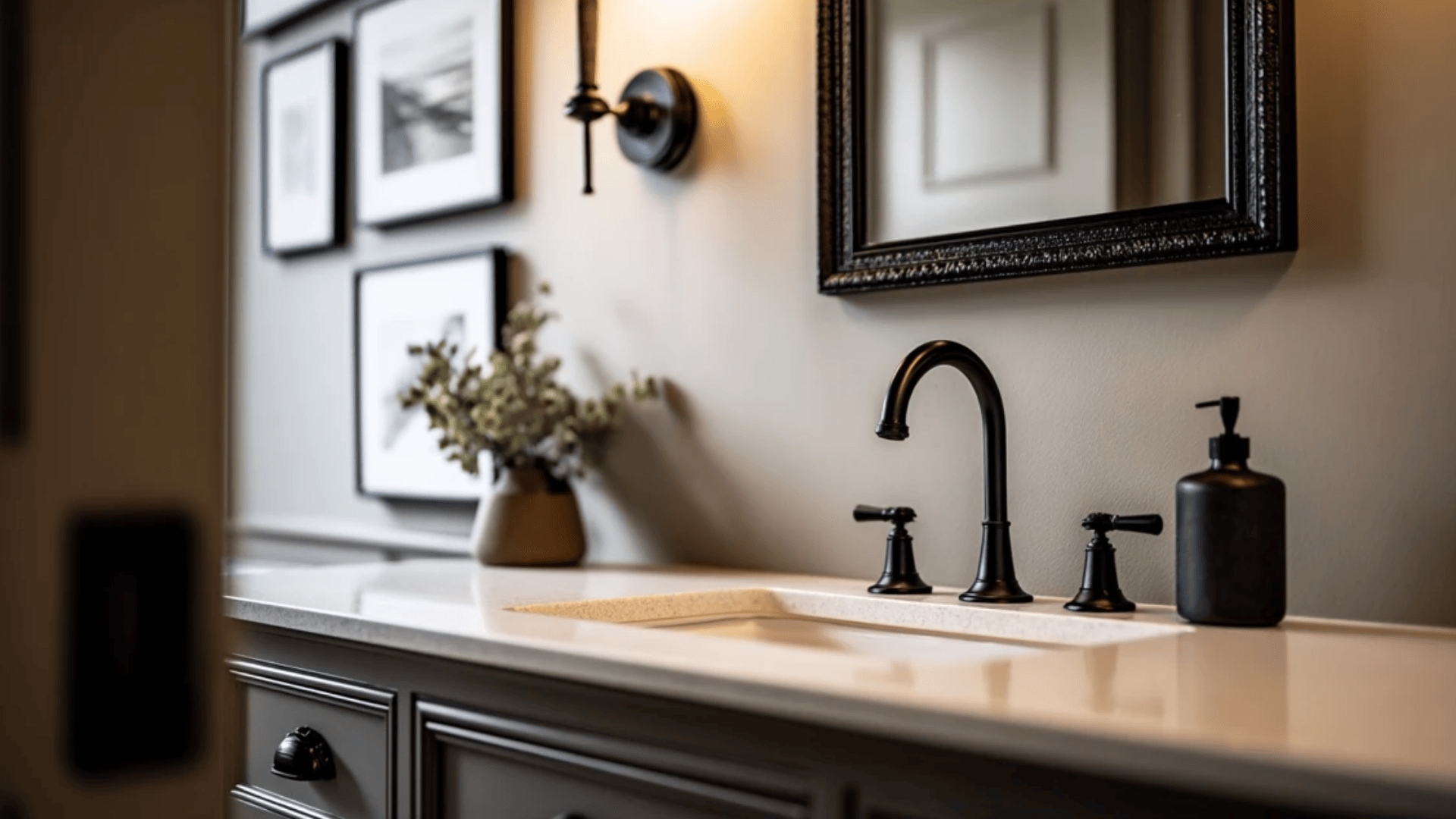a washroom sink with black accent