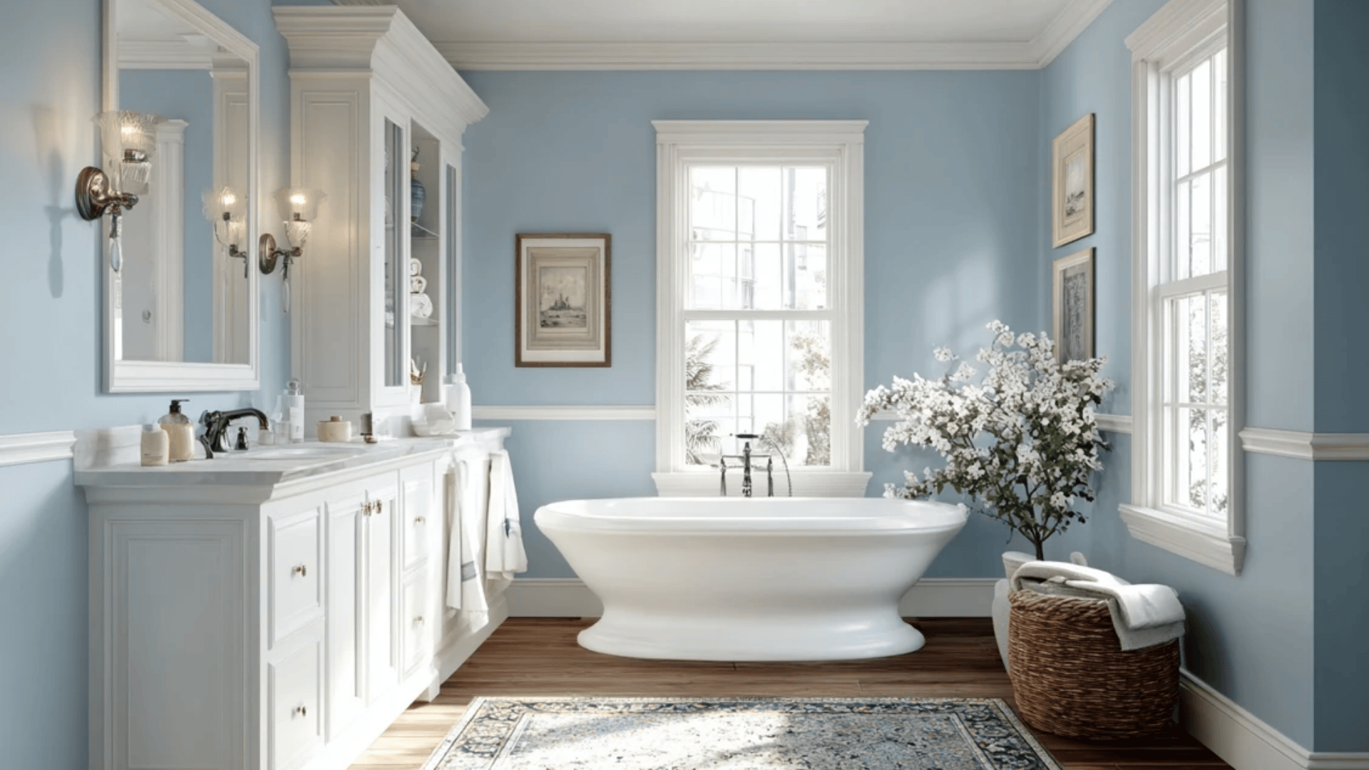 a washroom with soft blue and white details