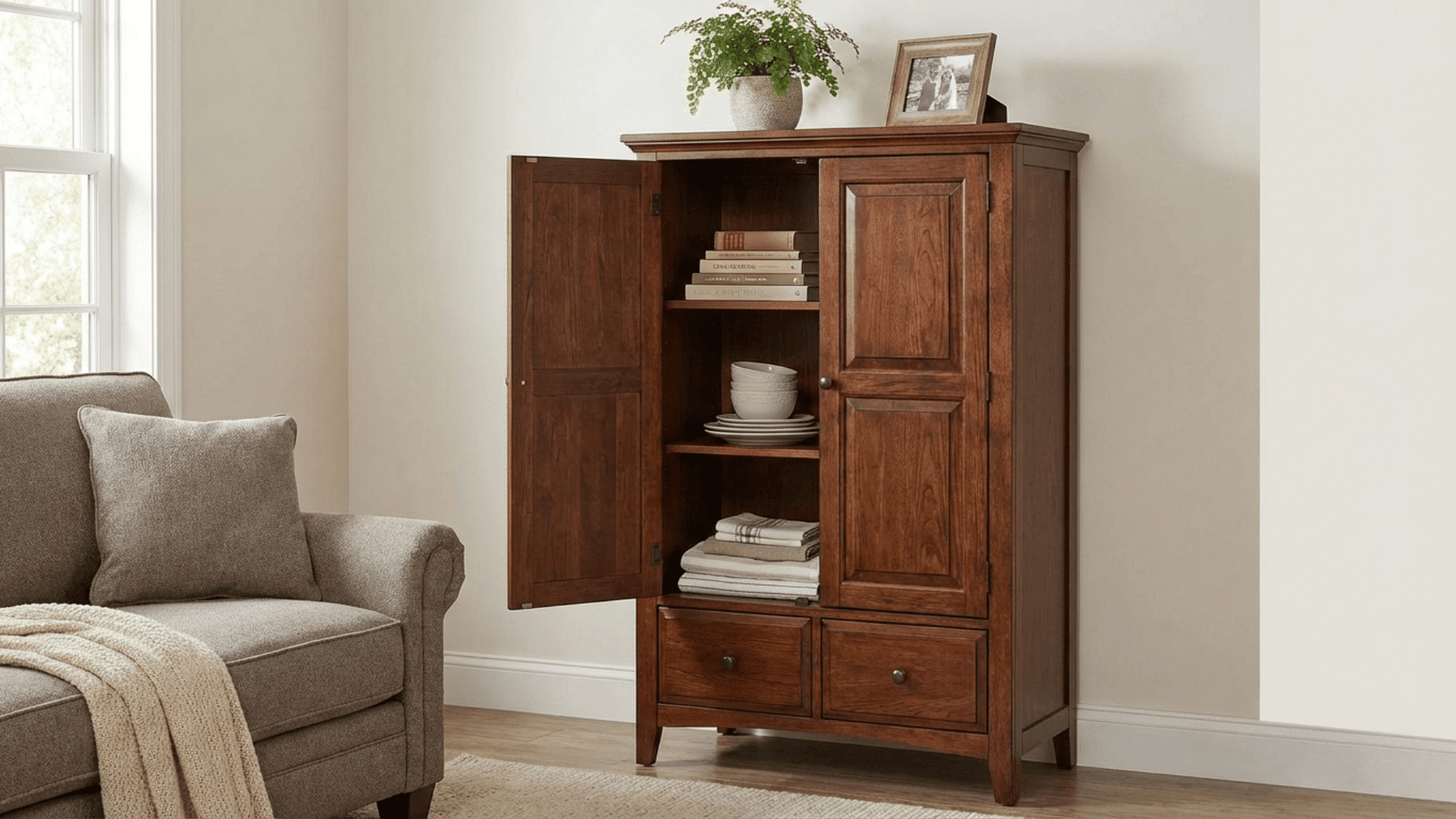 a wooden storage cabinet