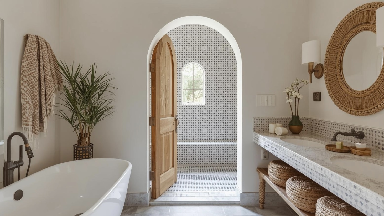 Airy Mediterranean bathroom with freestanding tub, arched doorway to patterned tile wet area, plus warm woven textures.