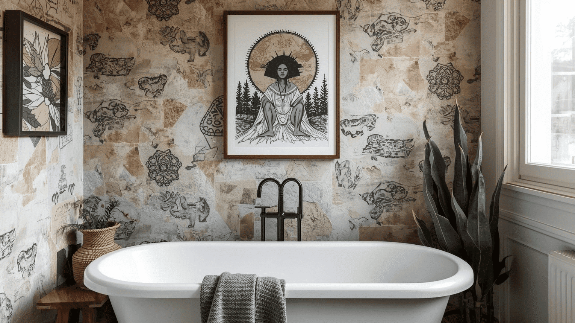 Moody boho bathroom with freestanding tub, bold illustrated wallpaper, black fixtures, curated artwork, and small greenery.