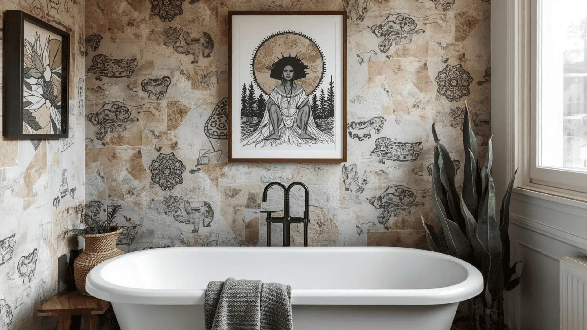Moody boho bathroom with freestanding tub, bold illustrated wallpaper, black fixtures, curated artwork, and small greenery.