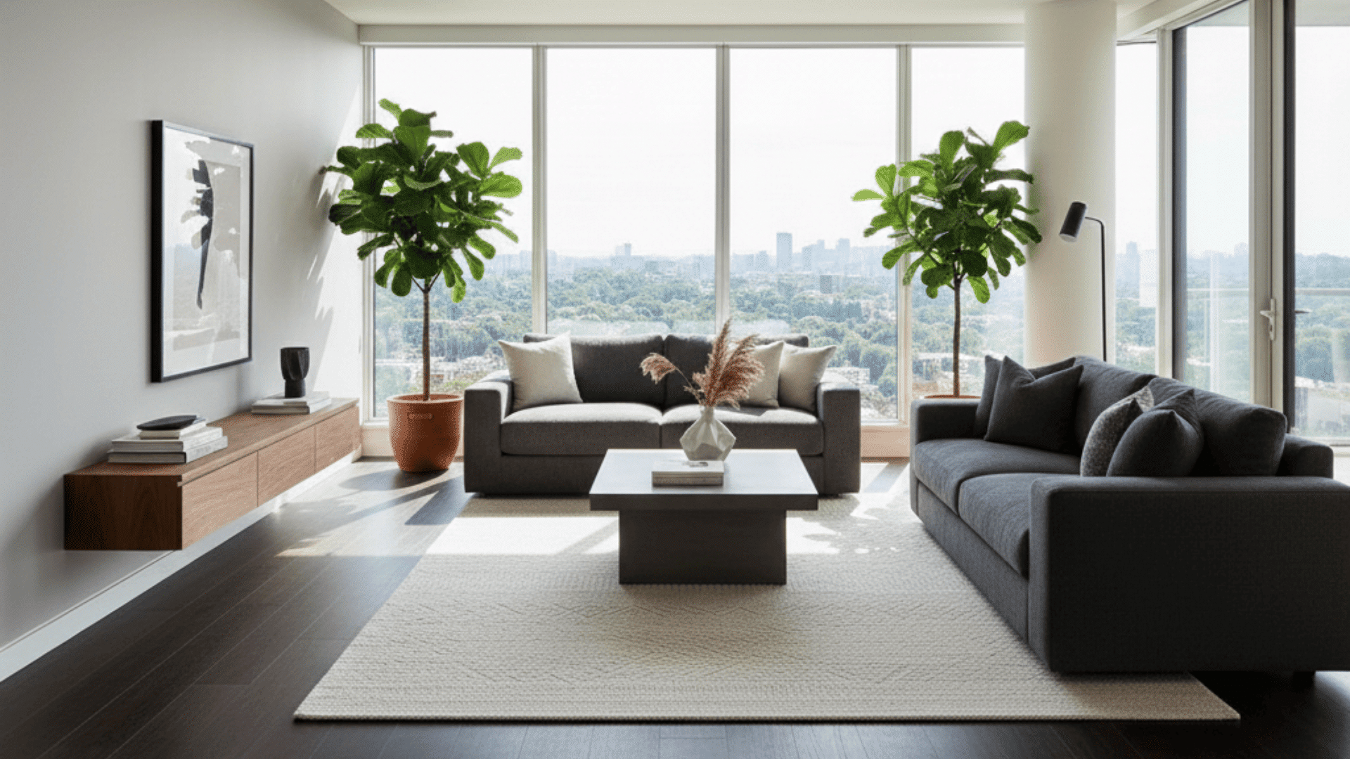 A modern living room with large windows, a couch, dark bamboo floors, and soft grey walls.