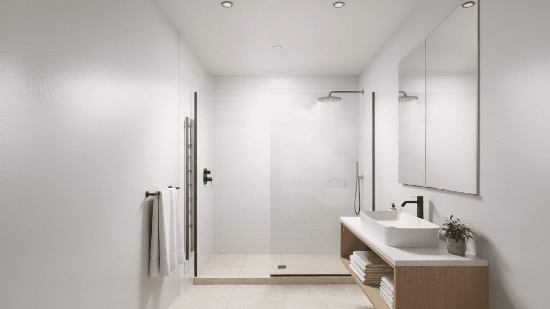 A modern bathroom featuring a shower and sink, with walls painted in a sleek satin finish.