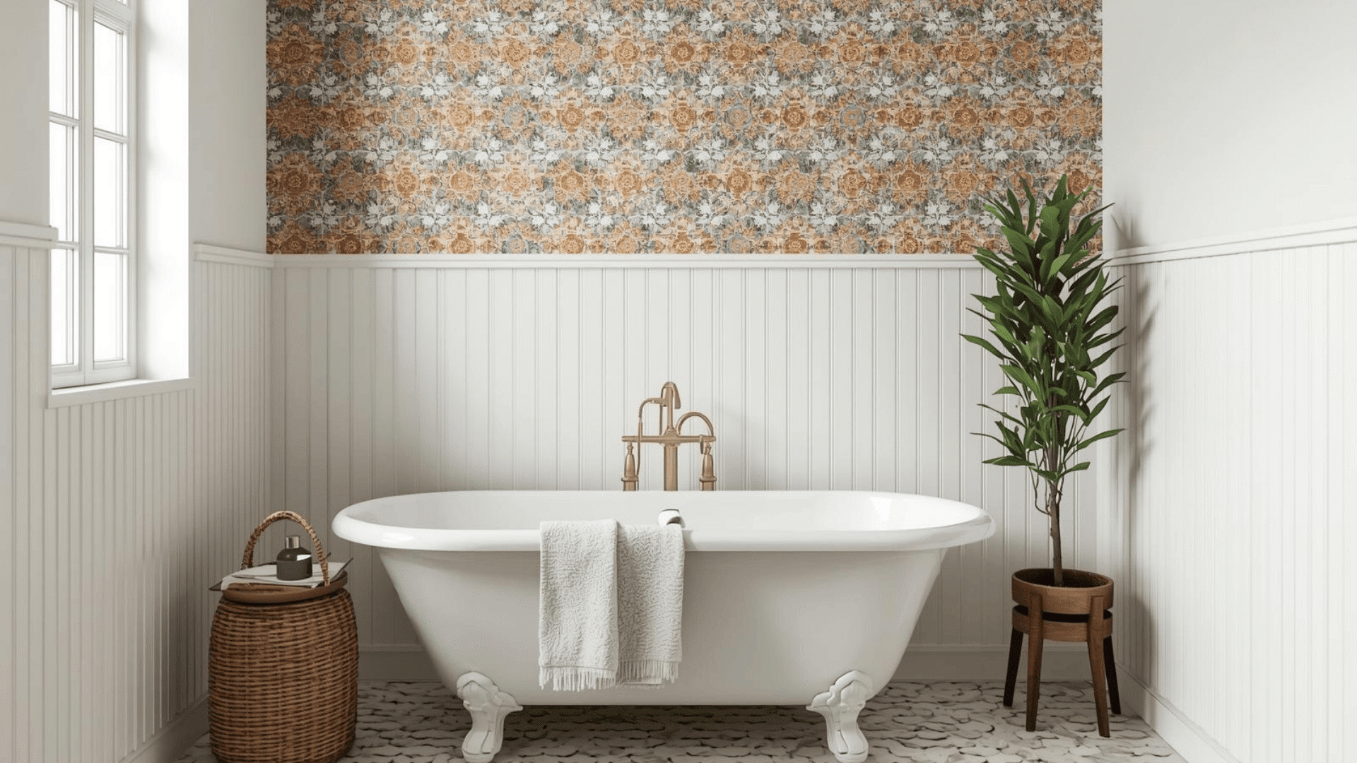 Vintage boho bathroom with clawfoot tub, white beadboard walls, patterned wallpaper accent, and a simple plant for warmth.