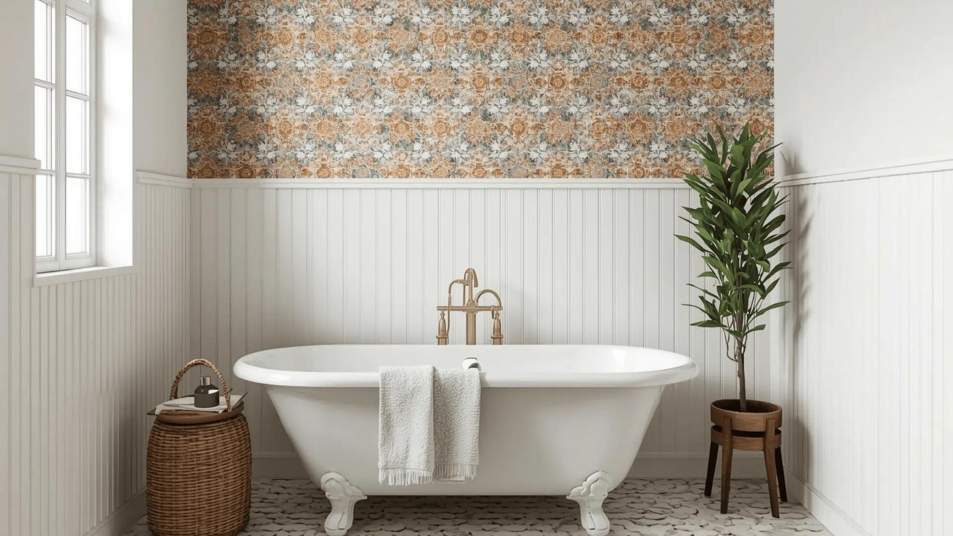 Vintage boho bathroom with clawfoot tub, white beadboard walls, patterned wallpaper accent, and a simple plant for warmth.