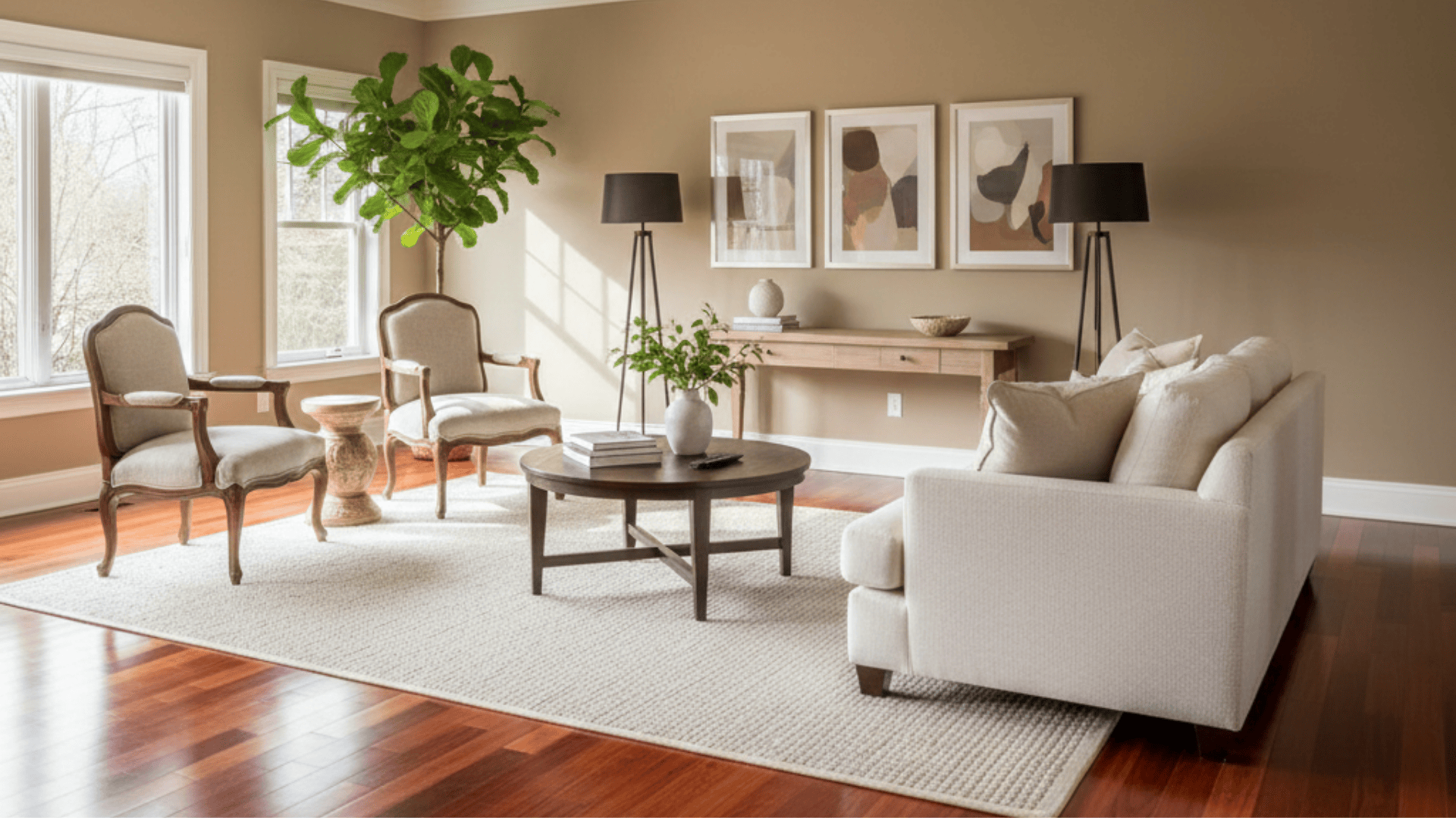 A living room featuring Brazilian cherry hardwood floors, soft taupe walls, and white furniture.