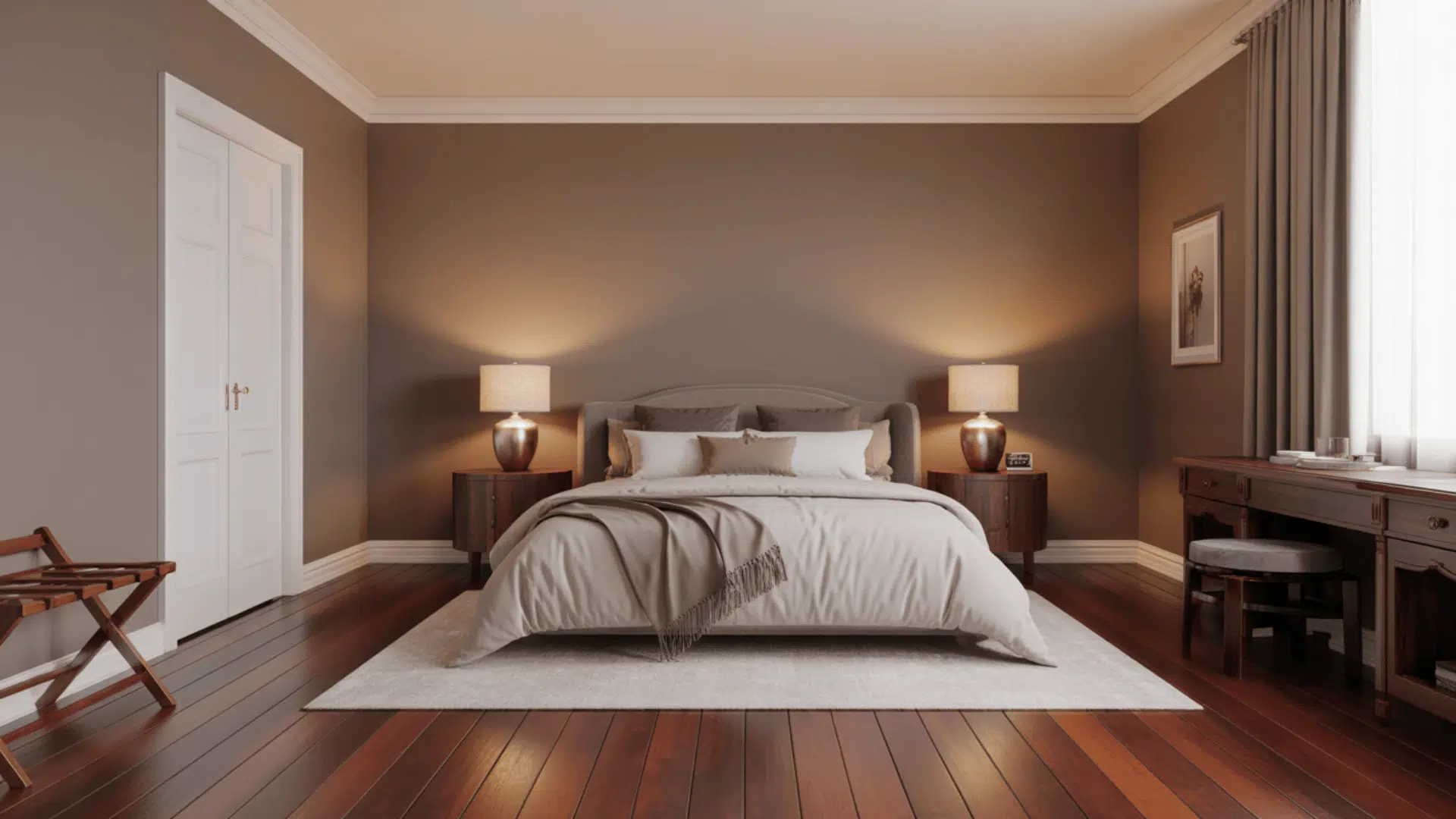 A cozy bedroom featuring taupe walls and cherry hardwood floors.