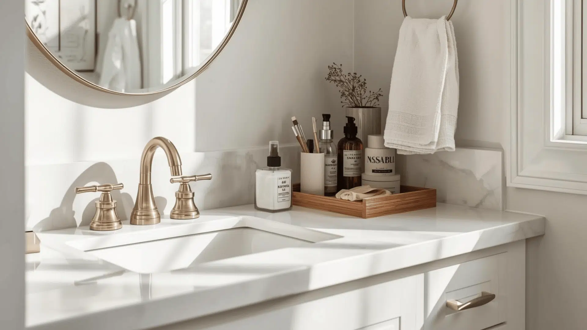 Clean sunlit vanity corner with brass fixtures, white countertop, and toiletries on a wooden tray with a towel hanging nearby.