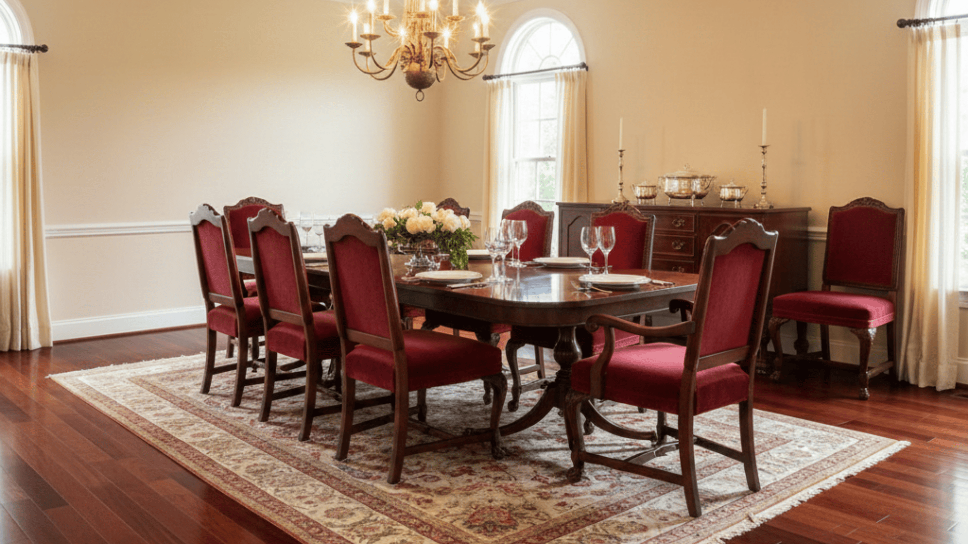 A formal dining room with red chairs, a chandelier, dark cherry floors, and cream walls.