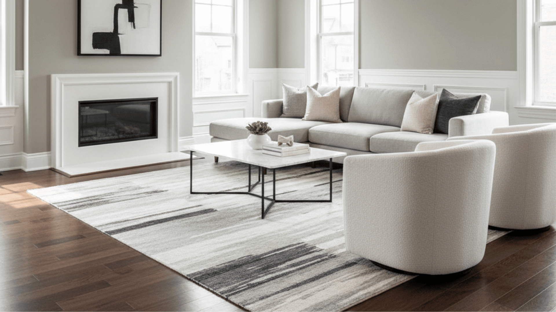 A living room with a gray couch, white chairs, and a fireplace, with dark oak floors and light gray walls.