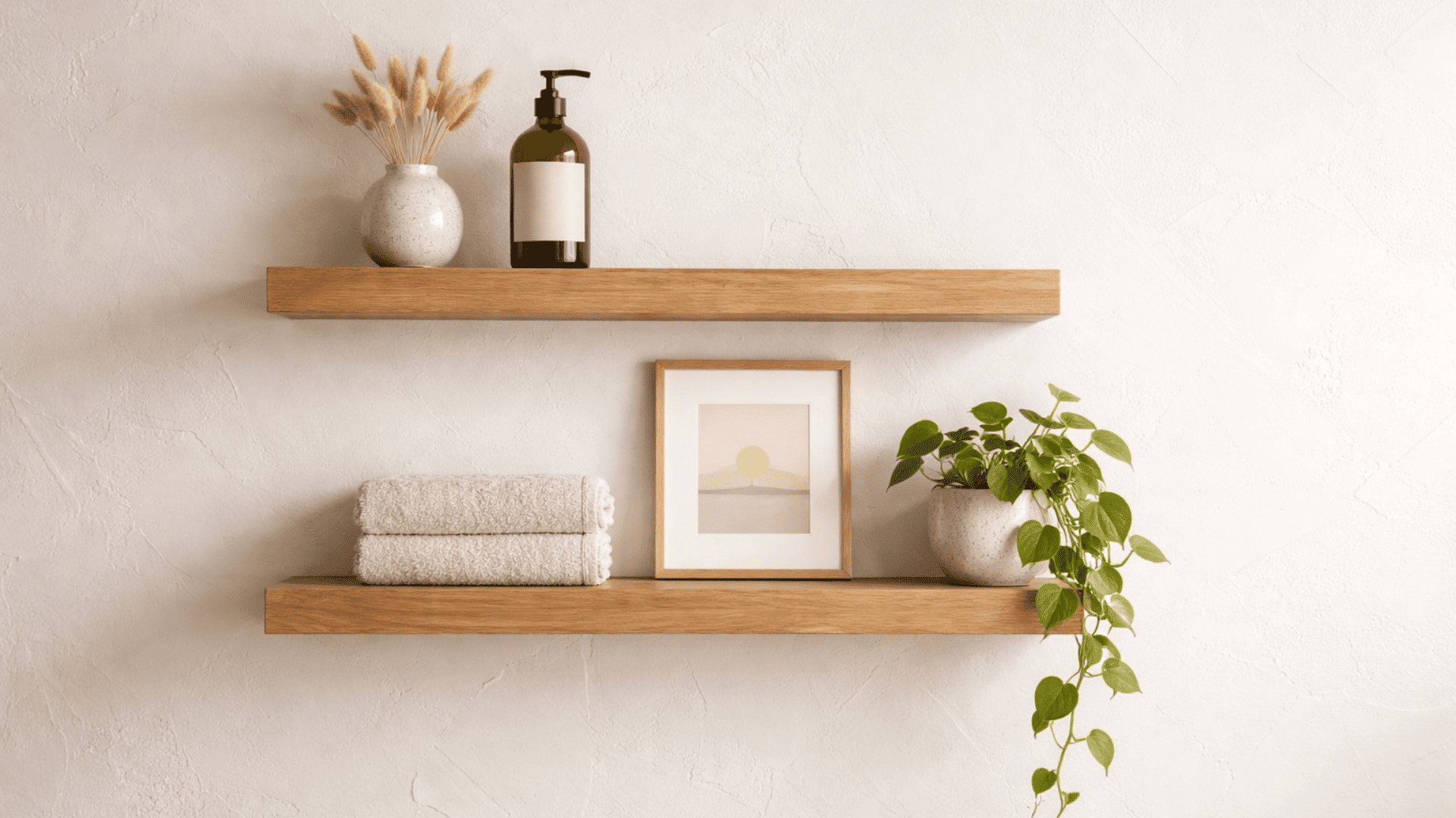 White plaster wall with two light-wood floating shelves styled with towels, an amber bottle, a vase, a print, and trailing pothos.