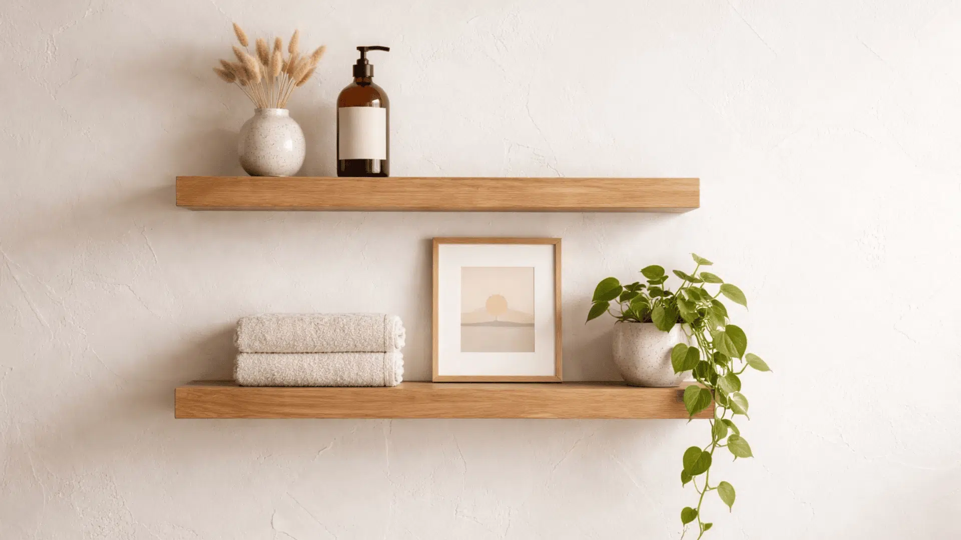 White plaster wall with two light-wood floating shelves styled with towels, an amber bottle, a vase, a print, and trailing pothos.