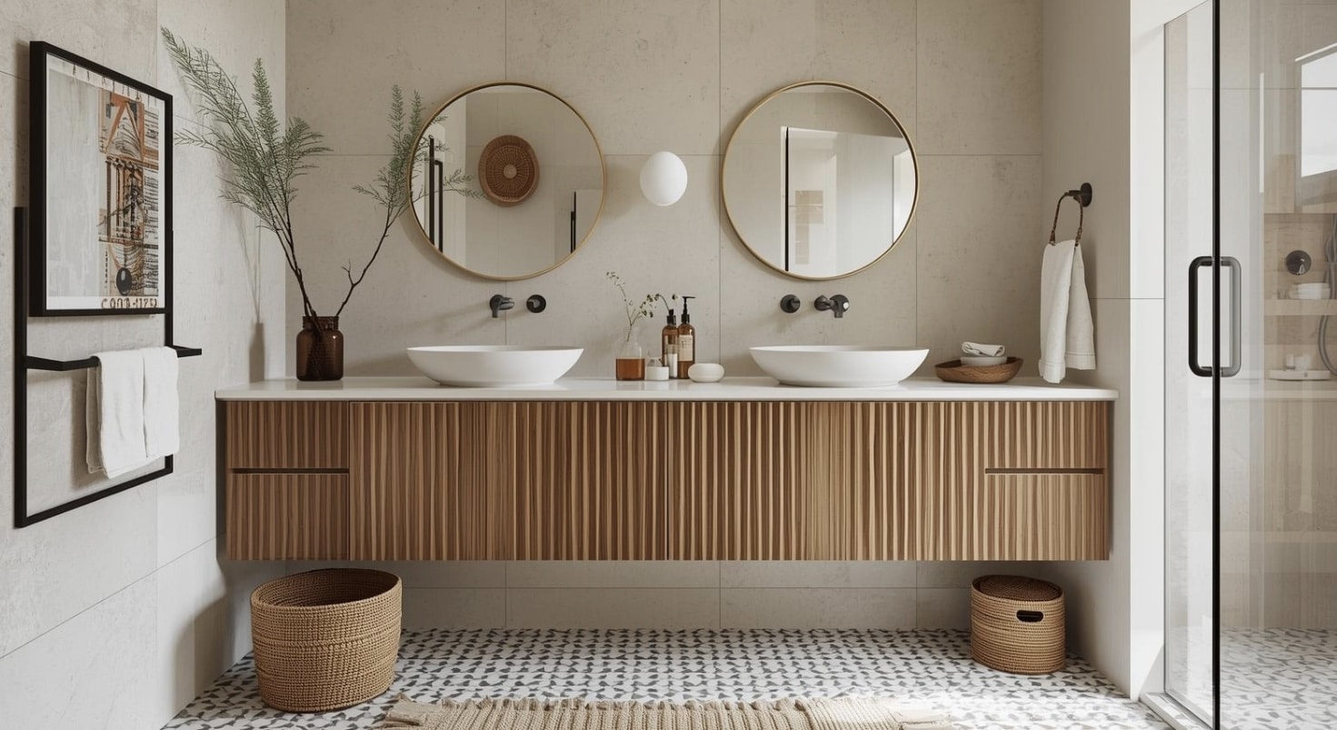 Warm modern bath with fluted wood floating double vanity, round brass mirrors, neutral tile, and patterned floor.
