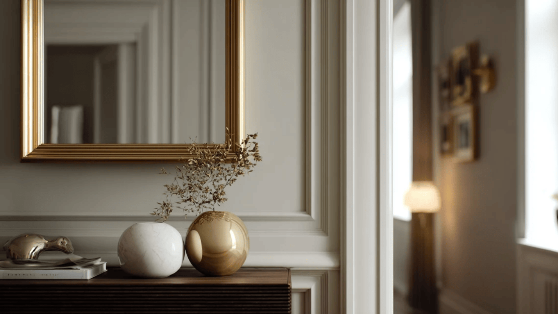 glossy accents shown through the mirror and vases