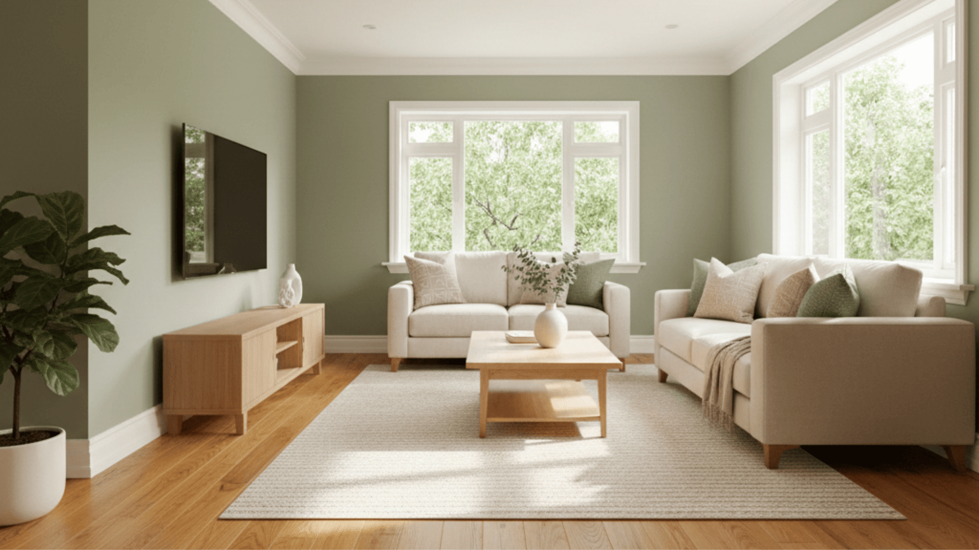 A living room with sage green walls, white furniture, and golden oak floors.