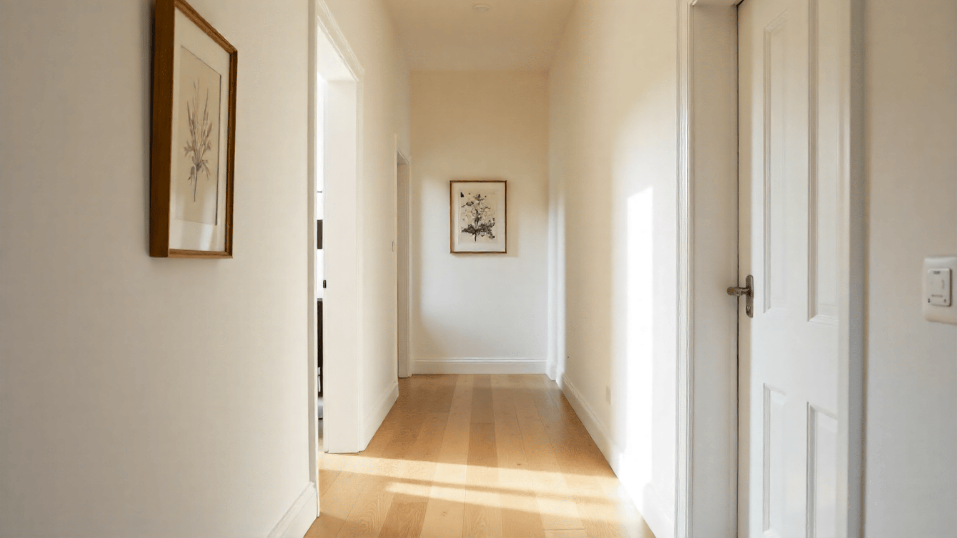A hallway featuring white satin-painted walls and polished wooden floors.
