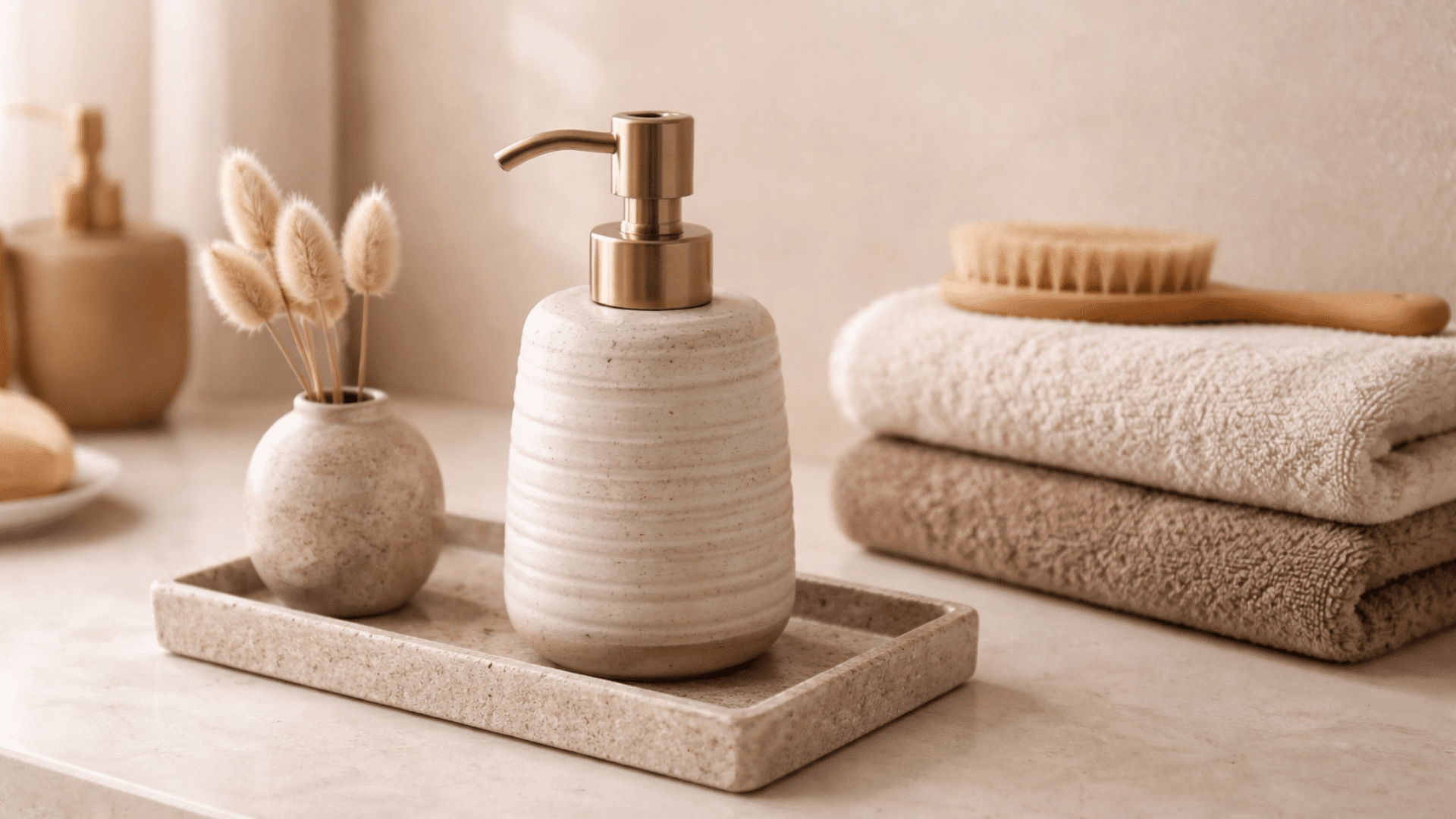 Warm minimalist counter with handmade-look ceramic soap dispenser on stone tray, neutral towels, and dried stems vase.