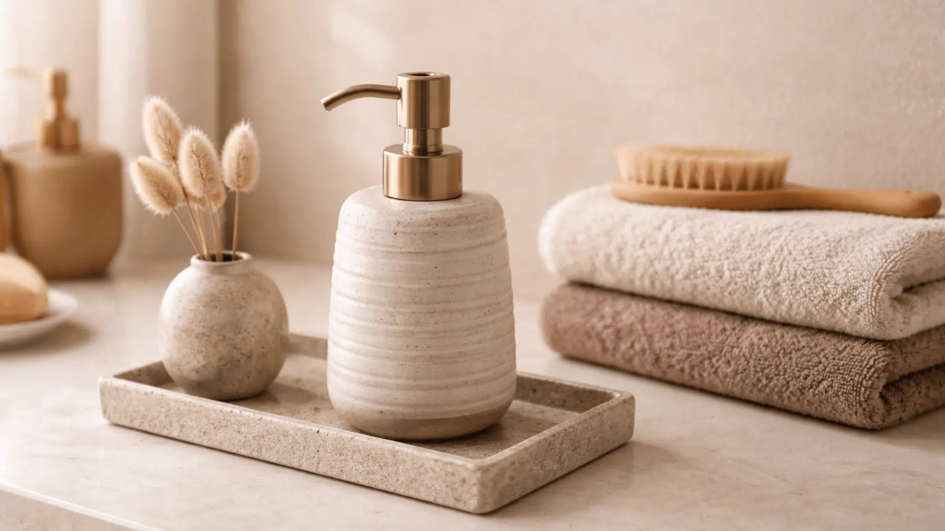 Warm minimalist counter with handmade-look ceramic soap dispenser on stone tray, neutral towels, and dried stems vase.