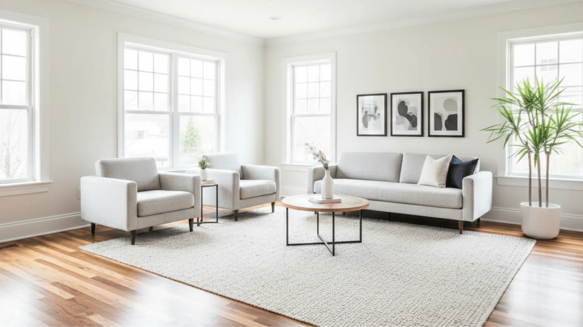 A living room with warm white walls and hickory hardwood floors, creating a cozy and inviting atmosphere.