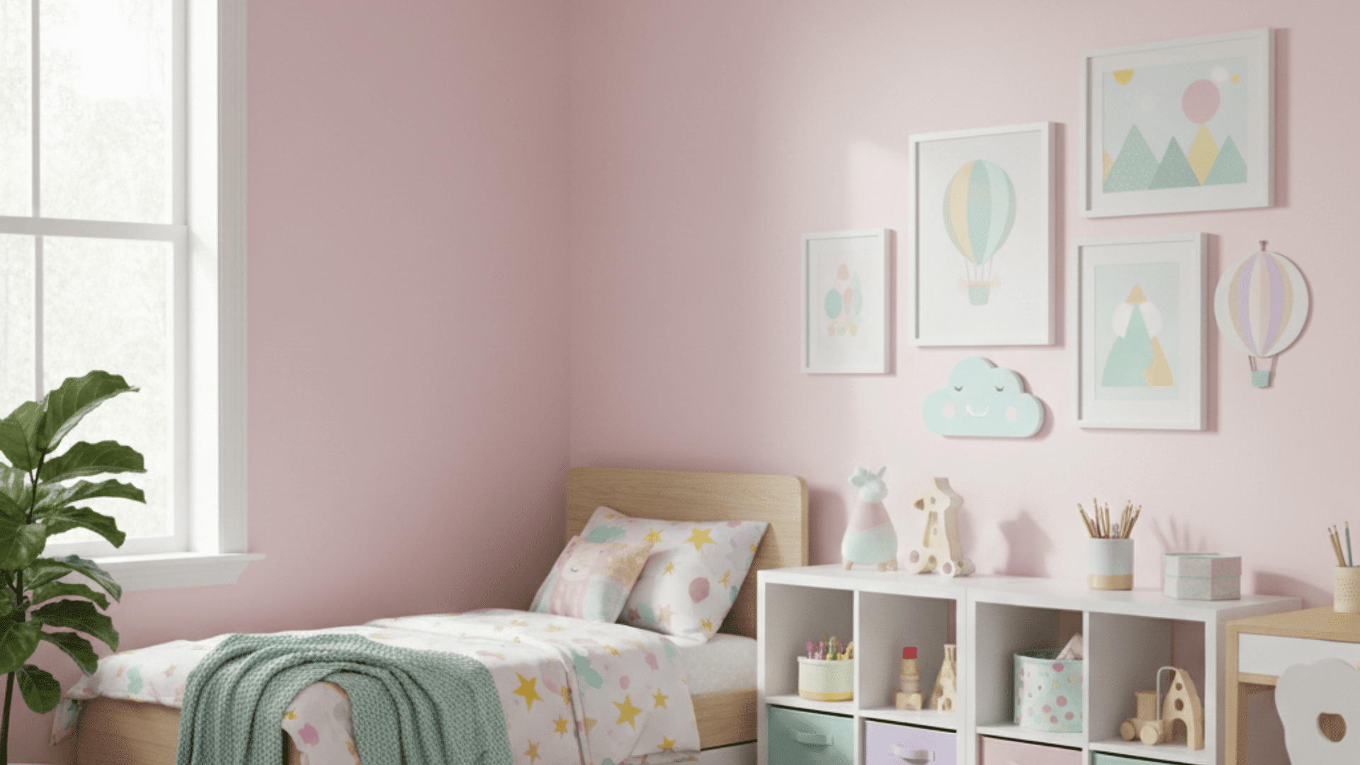 A child's bedroom featuring pink satin-painted walls and a cozy bed.