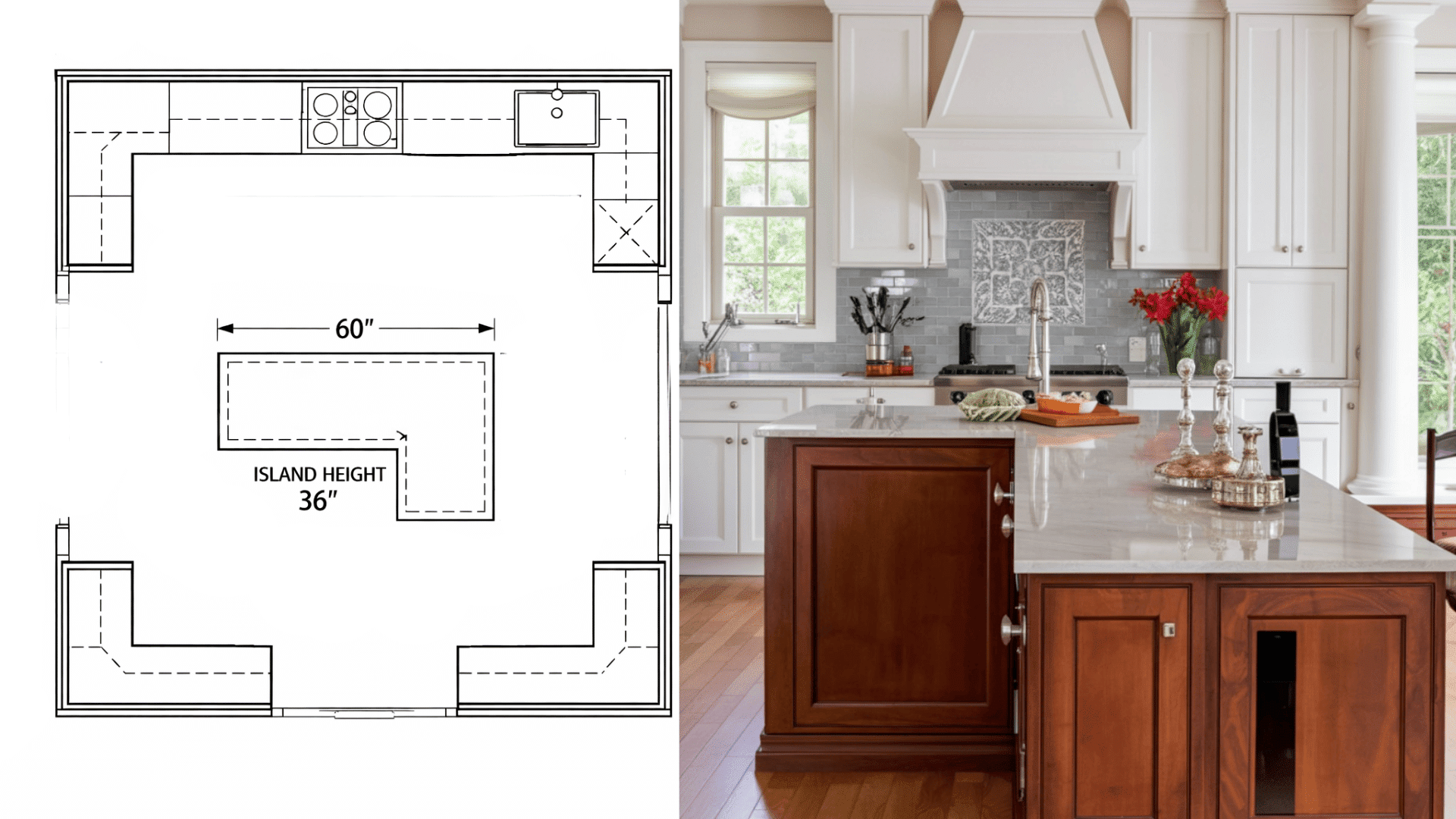 L-shaped kitchen island design showcasing dimensions and layout for optimal functionality in the home.