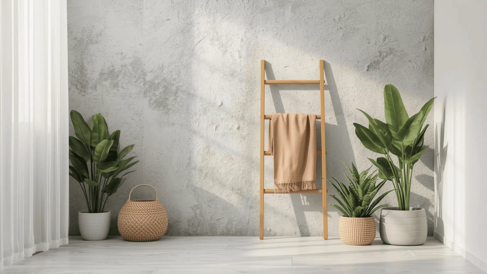 Sunlit corner with wooden towel ladder, soft neutral throw, and lush potted plants against textured light wall.