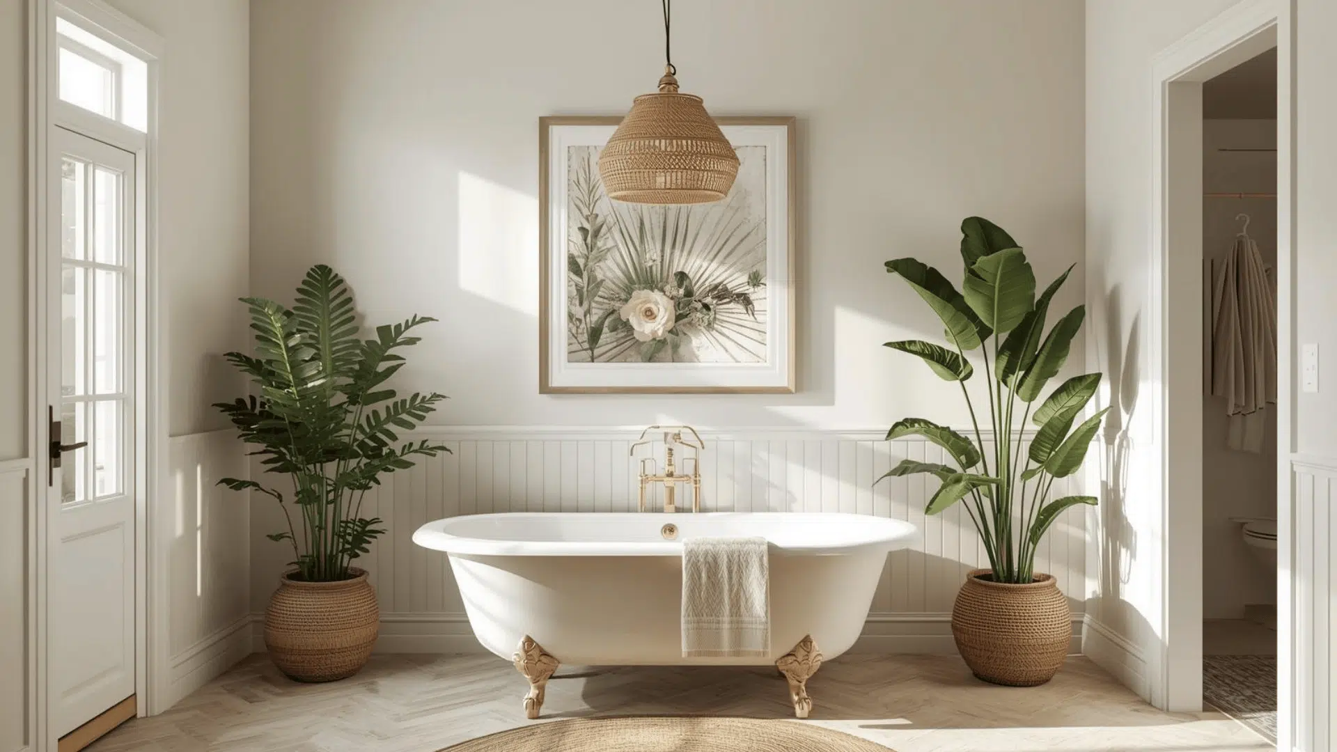 Light airy bathroom with tub, woven pendant light overhead, and tall greenery in basket planters for a relaxed boho feel.