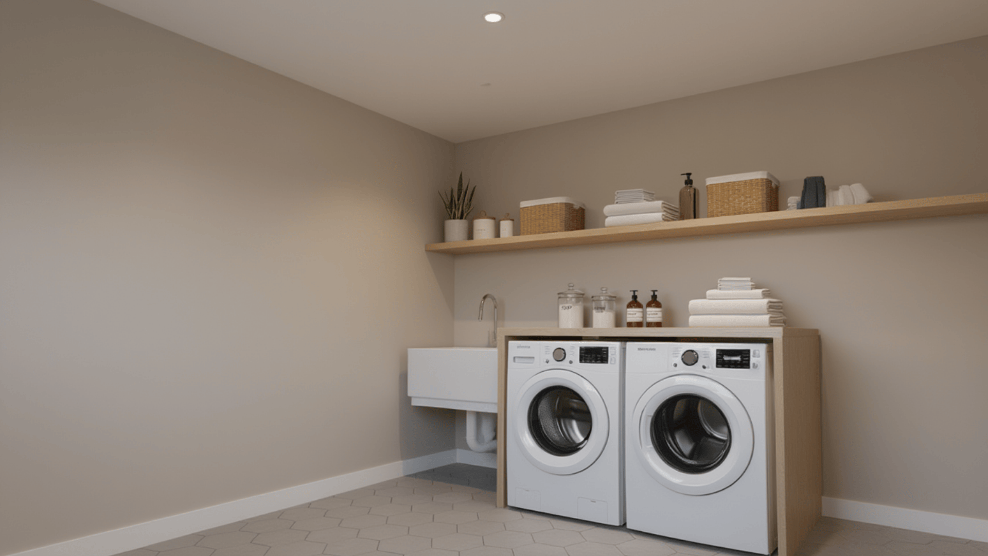 A laundry room equipped with a washer and dryer, highlighted by walls finished in satin paint.