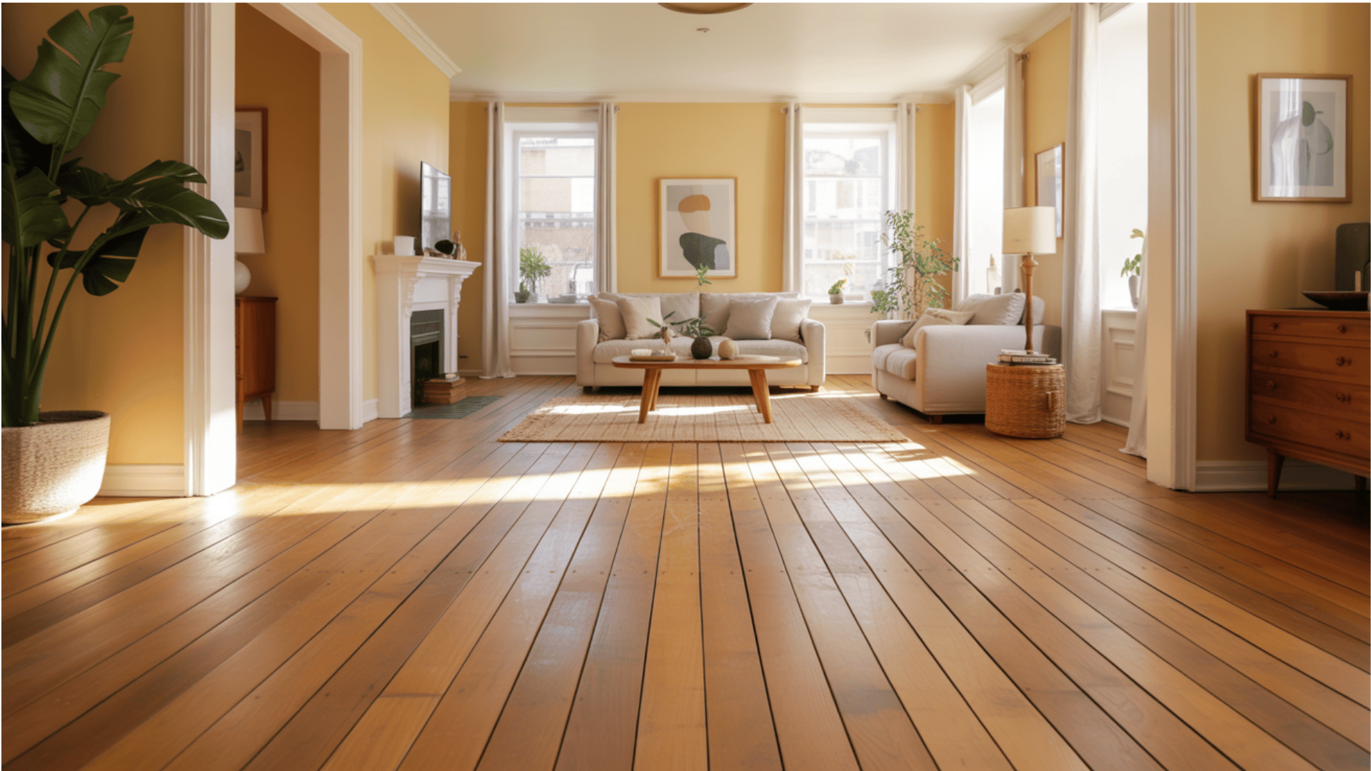 Bright living room with cream walls and light oak hardwood floors.