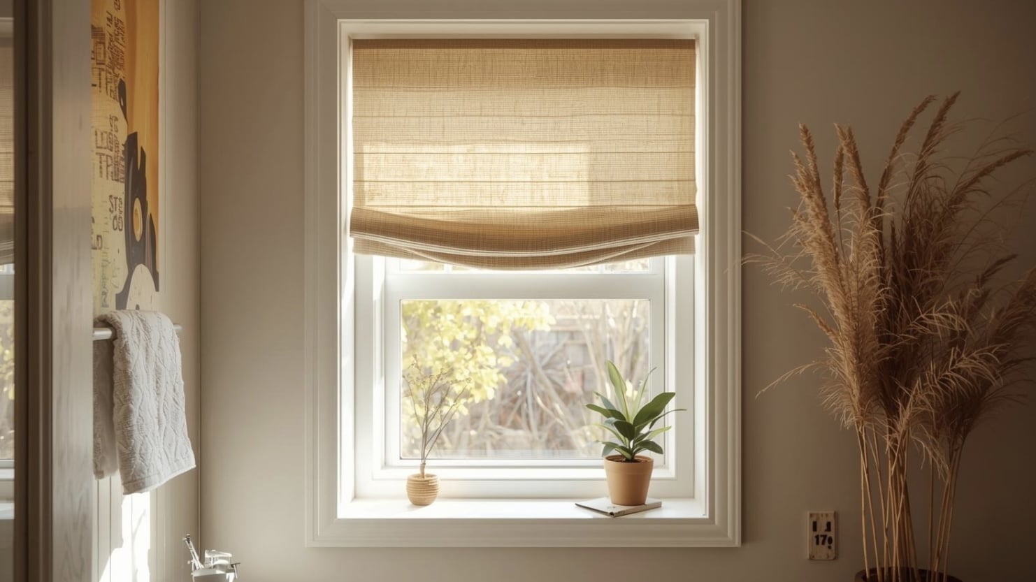 Sunlit window corner with woven linen Roman shade, small potted plants on sill, and dried grasses for soft warmth.