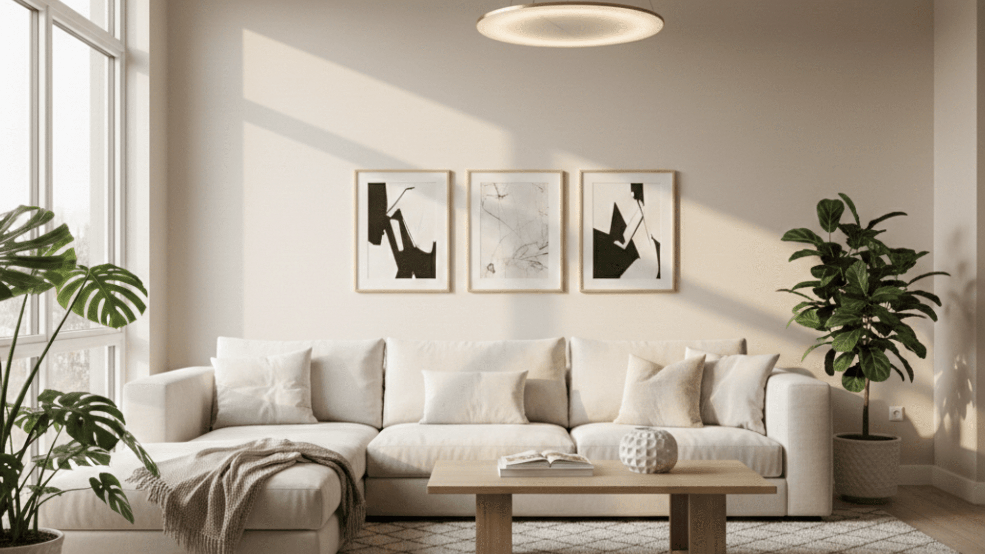 A modern living room with furniture, plants, and satin-painted walls.