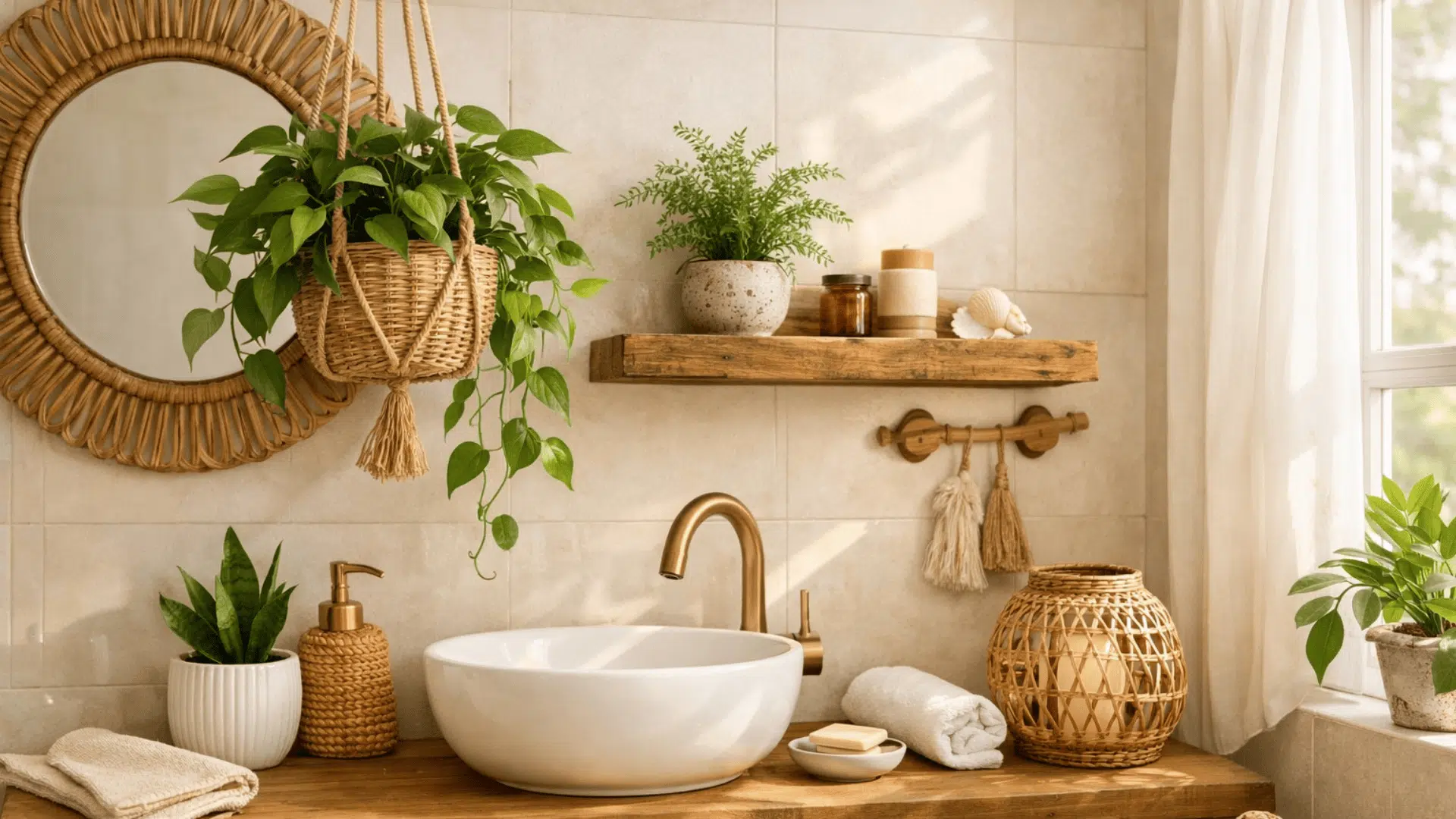 Bright airy boho bathroom with warm wood and cream tones, rattan accents, hanging pothos, and small shelf plants