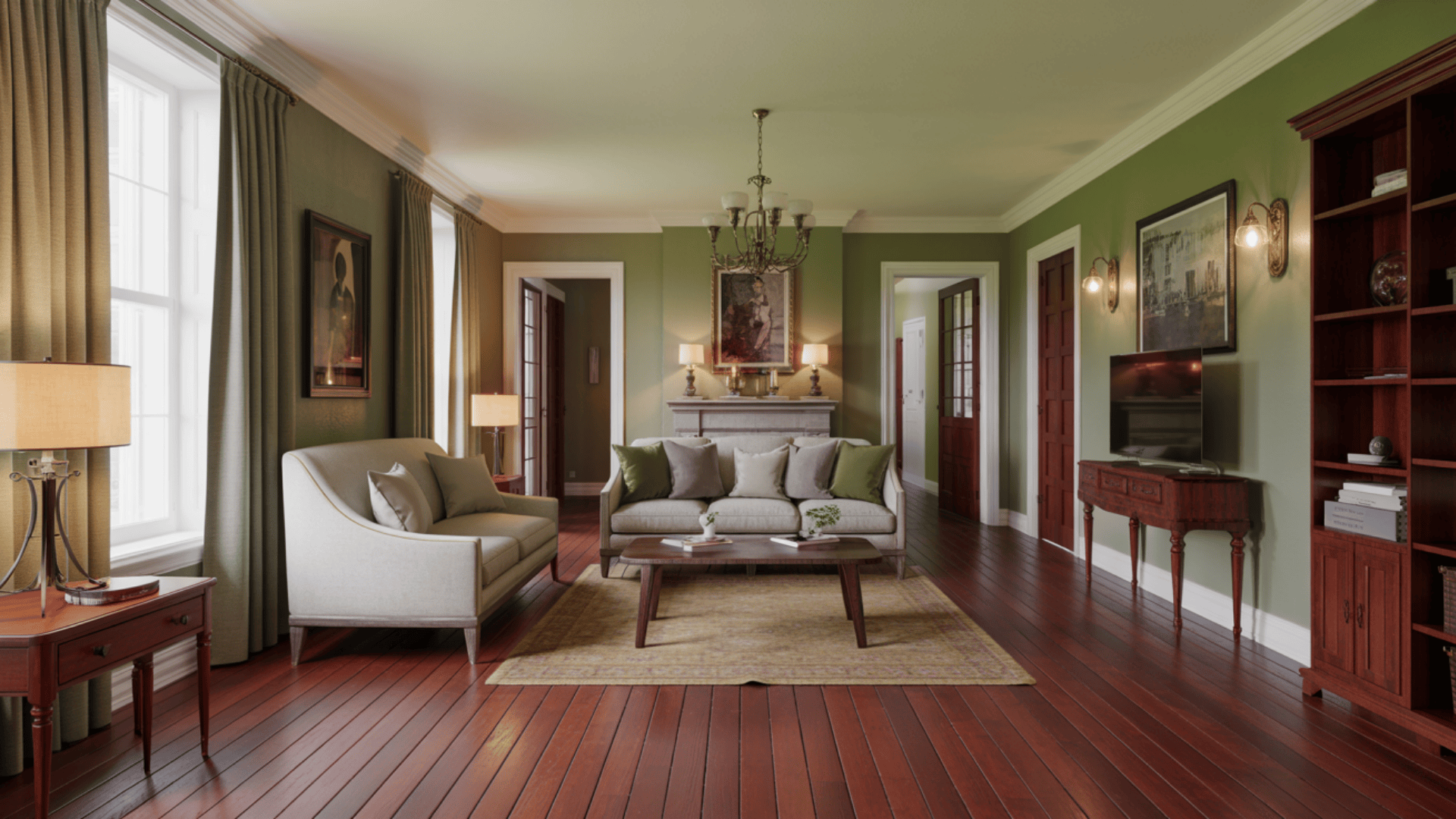 A living room featuring soft green walls and rich mahogany hardwood floors.