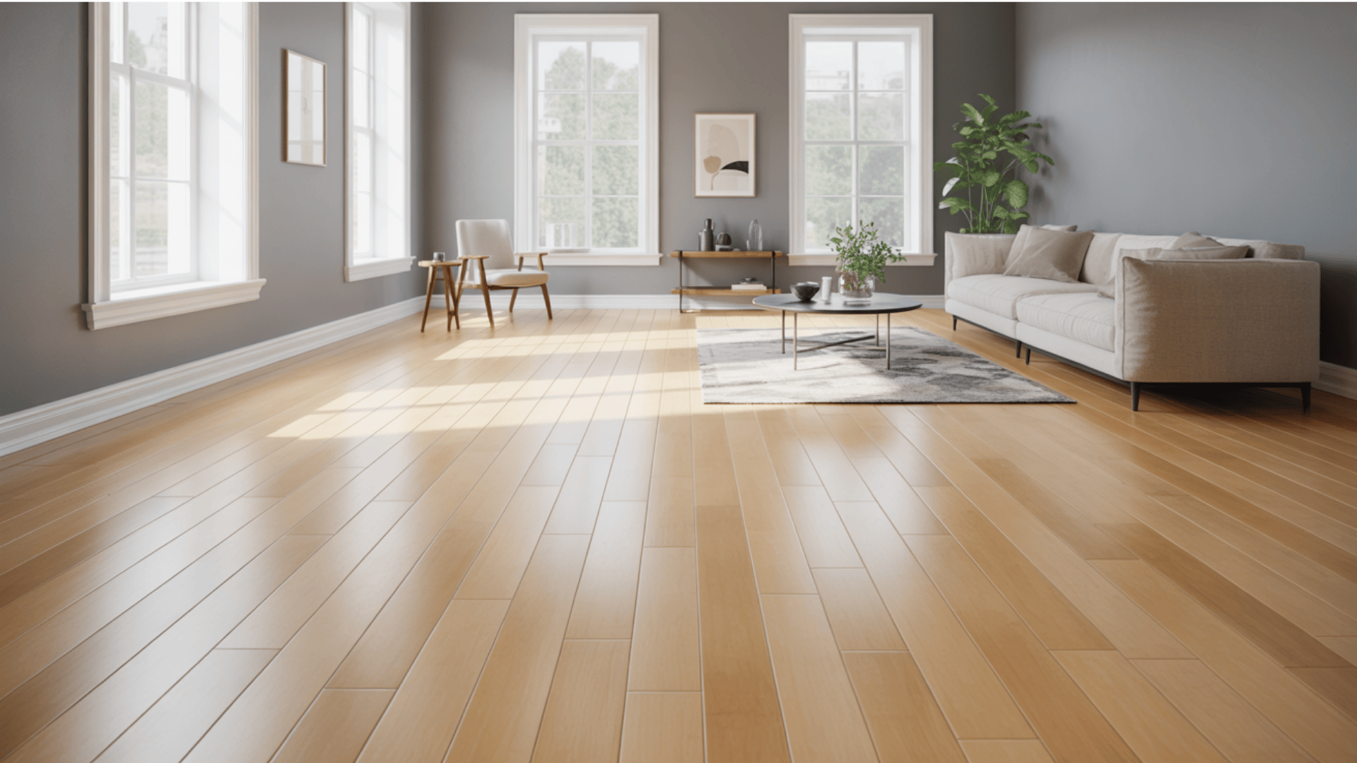 A clean living room featuring maple hardwood floors and soft grey walls, creating a warm atmosphere.