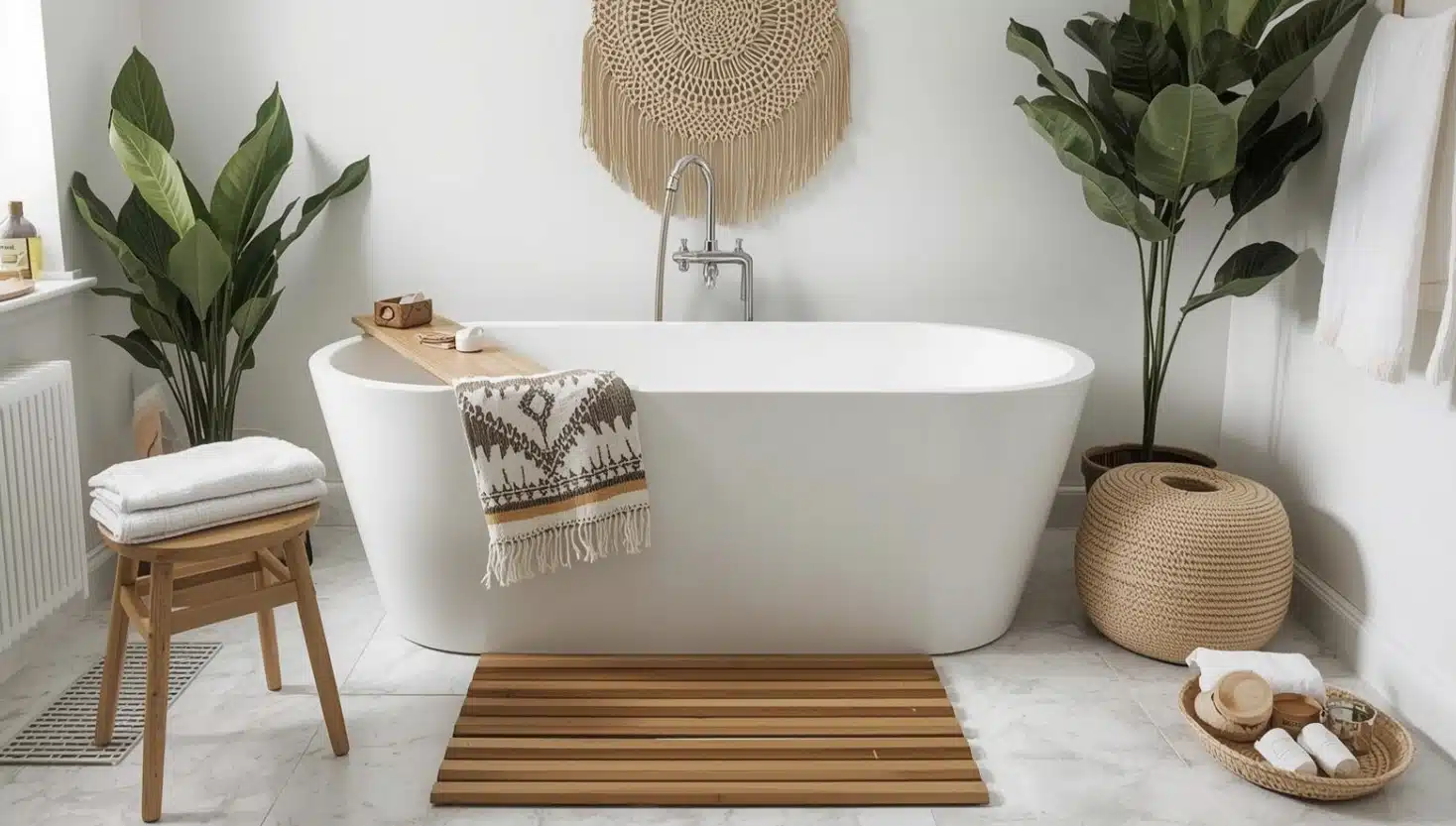Serene spa bathroom with freestanding white tub, warm wood bath mat, woven accents, and leafy plants for a calm vibe.