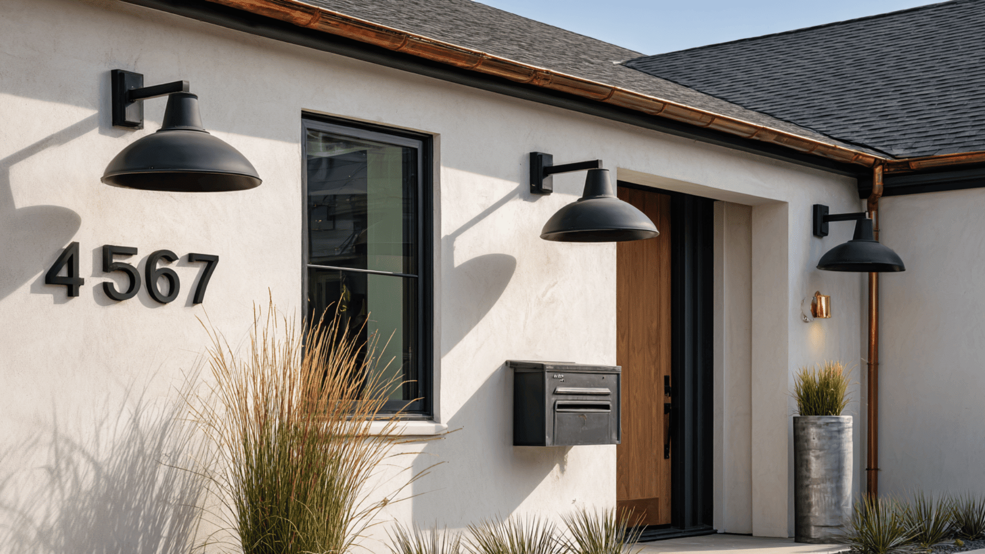 metal accent on white house with black trim