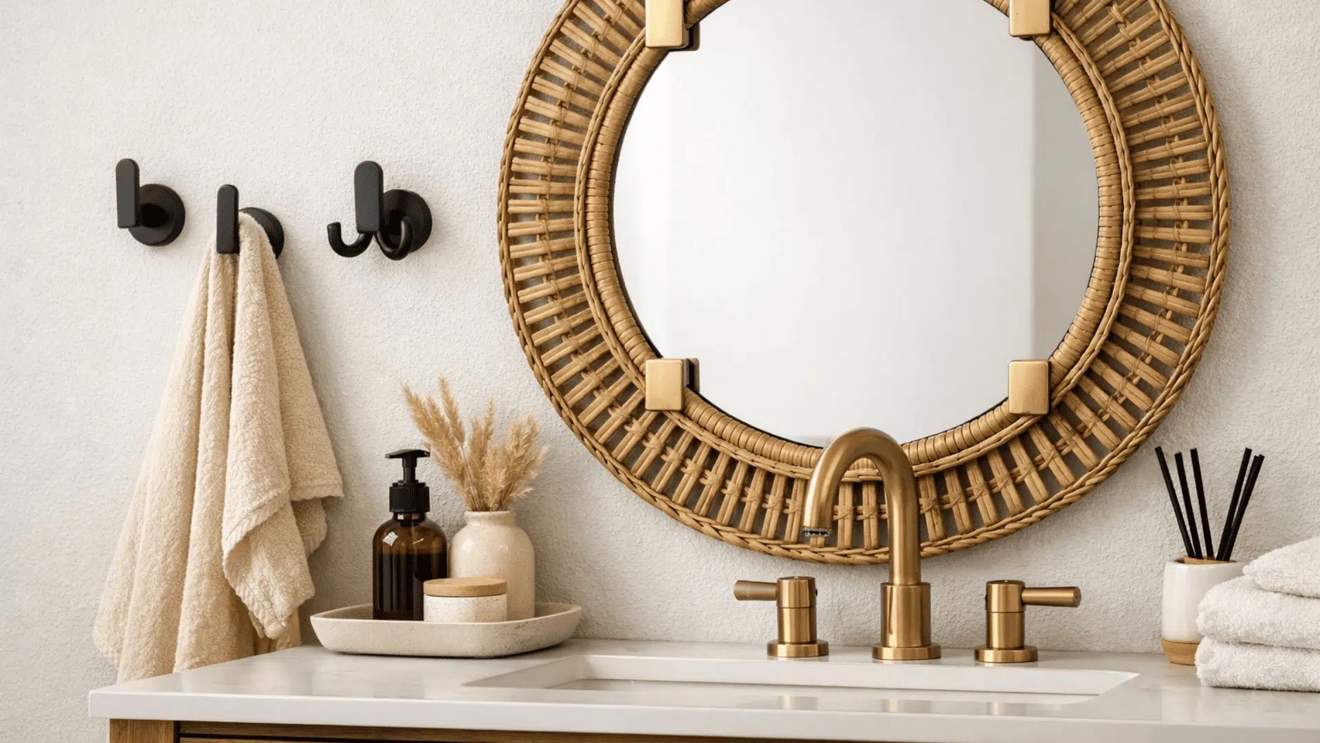 Vanity close-up with rattan round mirror, brass faucet, matte black hooks, and warm wood vanity in soft neutral tones