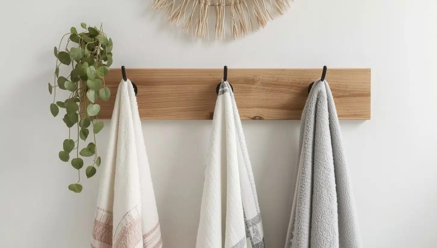 Simple wood peg rail with matte black hooks, neutral towels, and a trailing plant, adding a clean modern storage style.