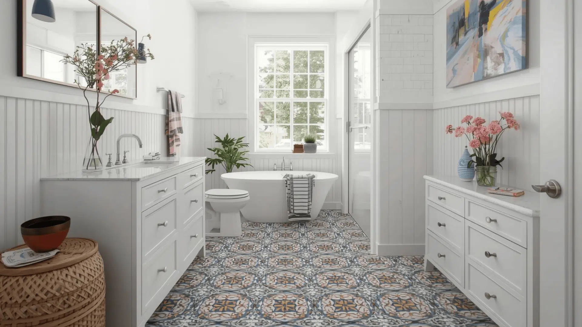 Bright white bathroom with bold blue-and-tan patterned floor tile, tub, white vanities, and sunlight from the window