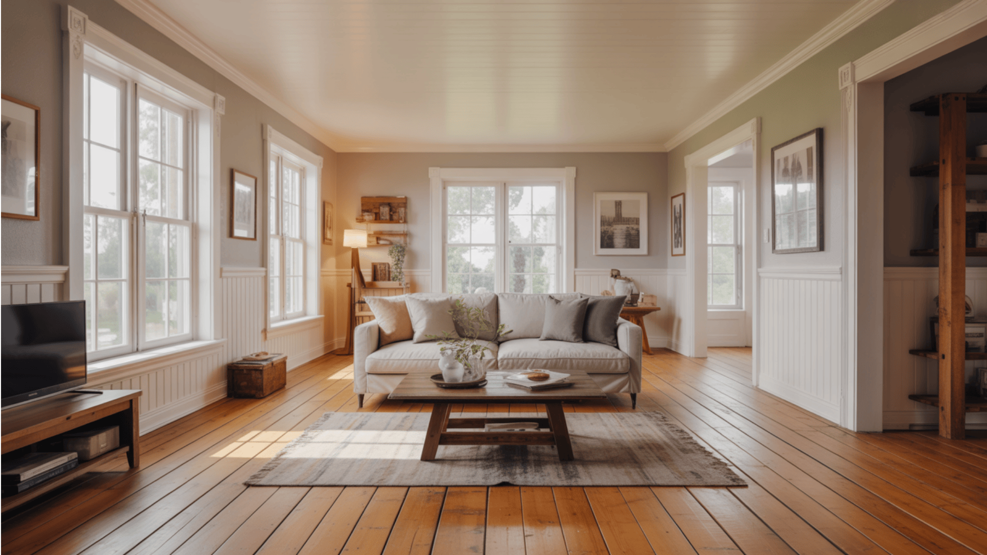 A stylish living room with a couch and coffee table, complemented by pine wood floors and soft white walls.