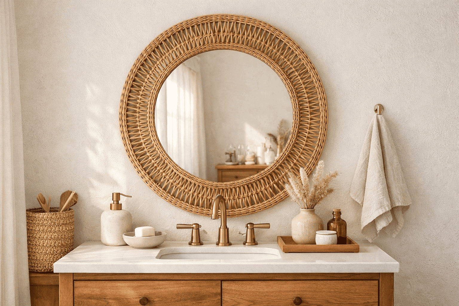 Rattan or woven boho mirror addition that enhances your bathroom