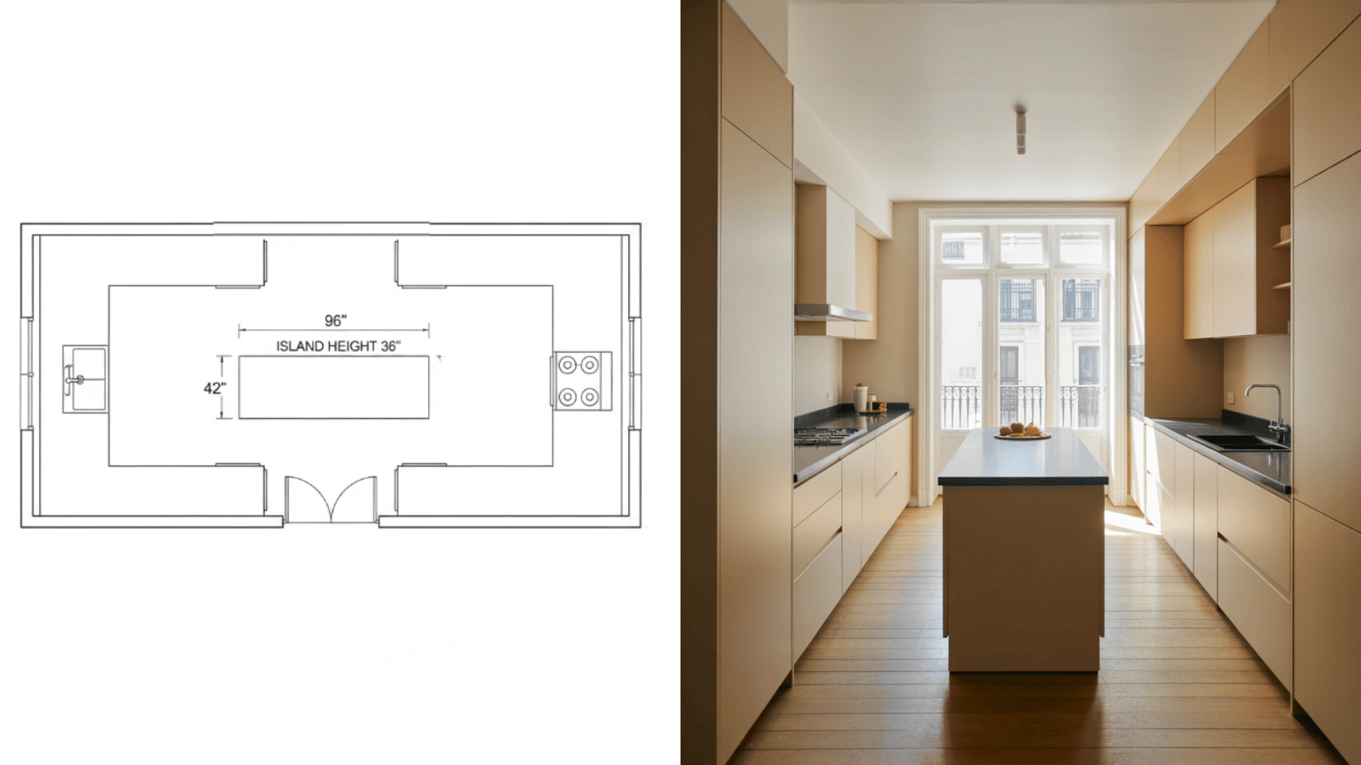 A kitchen featuring a layout drawing and dimensions for a gallery kitchen island.