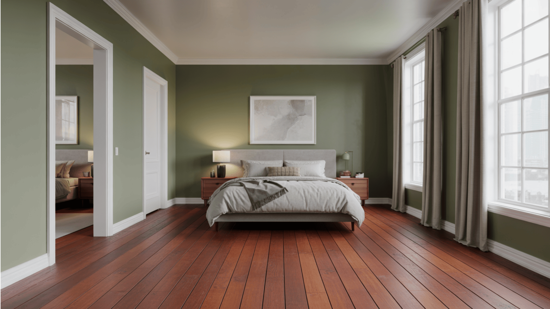 A cozy bedroom with muted green walls and rich red oak hardwood floors.