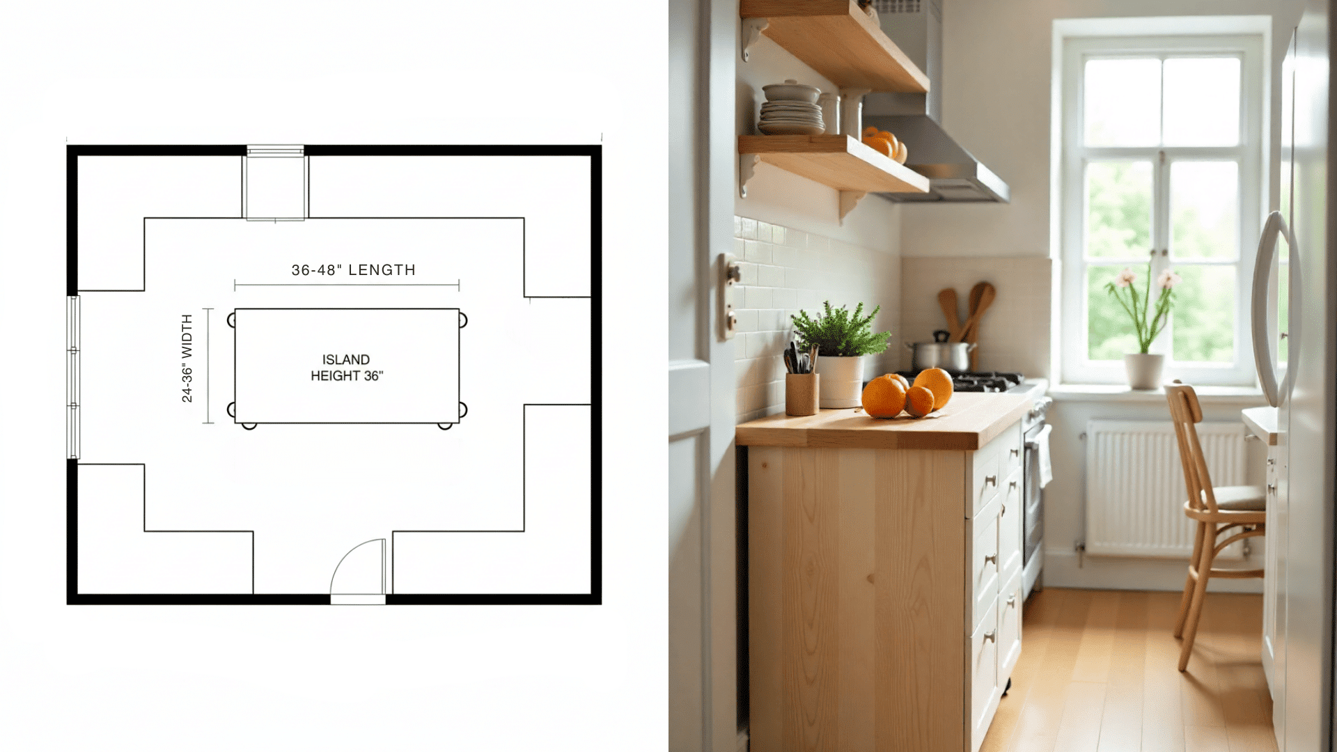 A kitchen layout featuring a rolling kitchen island for cooking and dining options.