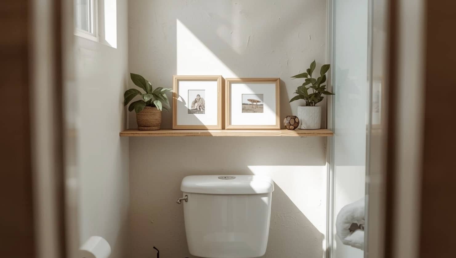 Bright minimal nook with wall-mounted toilet and slim wood picture ledge holding framed prints and tiny plants above.